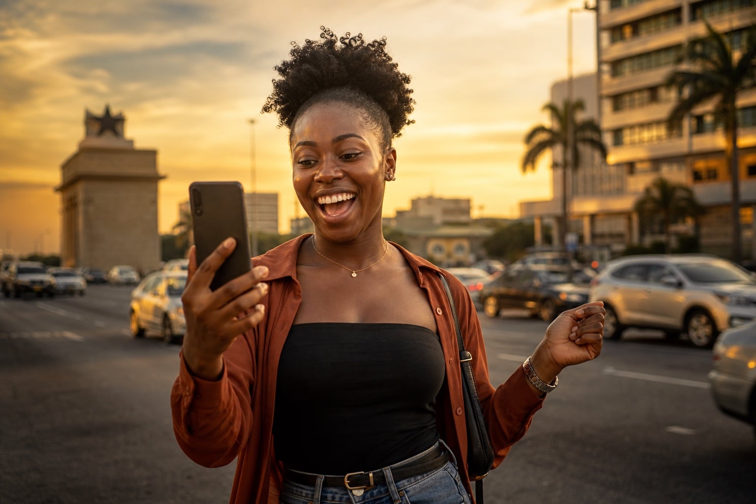A woman in Accra celebrating a mobile money cashout on her phone