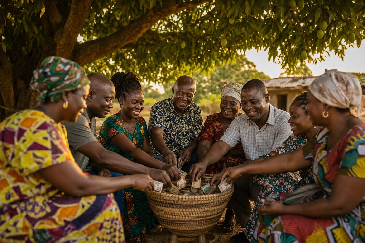 A Ghanaian community susu circle contributing to a shared basket